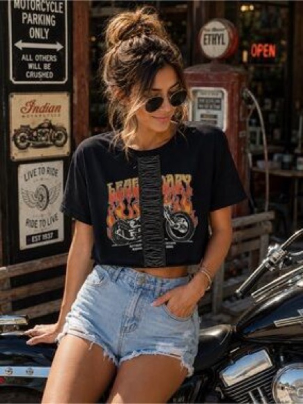Organic Generation Legendary Biker Crop Top Womens Size XL Black Flame Chain Y2K